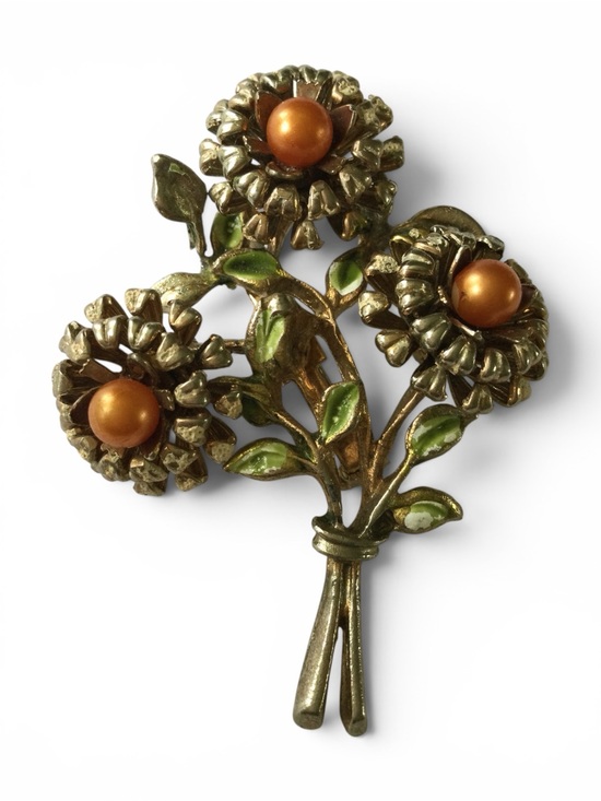 Source Unknown Jewelry - Vintage 1950s Satin Gold-Tone Floral Bouquet Brooch